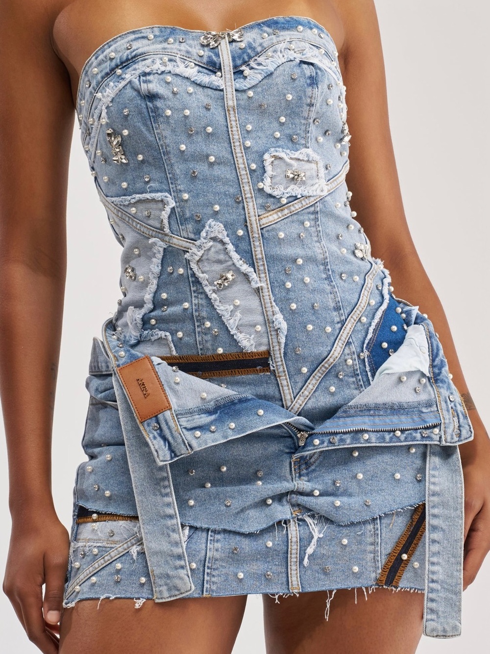 Pearl/Rhinestone Embellished Distressed & Deconstructed Denim Dress - Blue